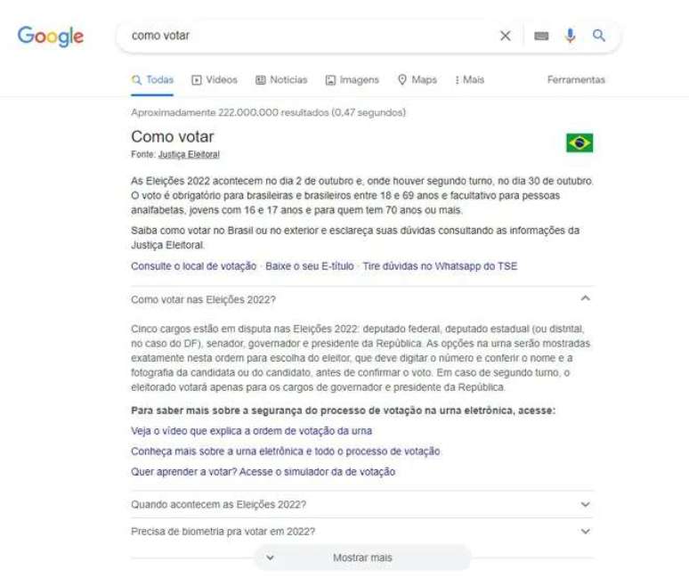 Para ensinar como votar, foi criada área especial na Pesquisa do Google (Imagem: Captura de tela/Alveni Lisboa/Canaltech)