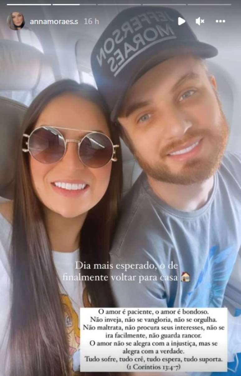 A mulher de Conrado, da dupla com Aleksandro, Anna Moraes, divulgou no Instagram um agradecimento pela volta do marido para casa