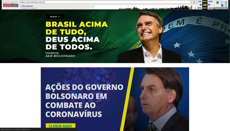 Página com URL bolsonaro.com.br capturada pelo Wayback Machine em março de 2021