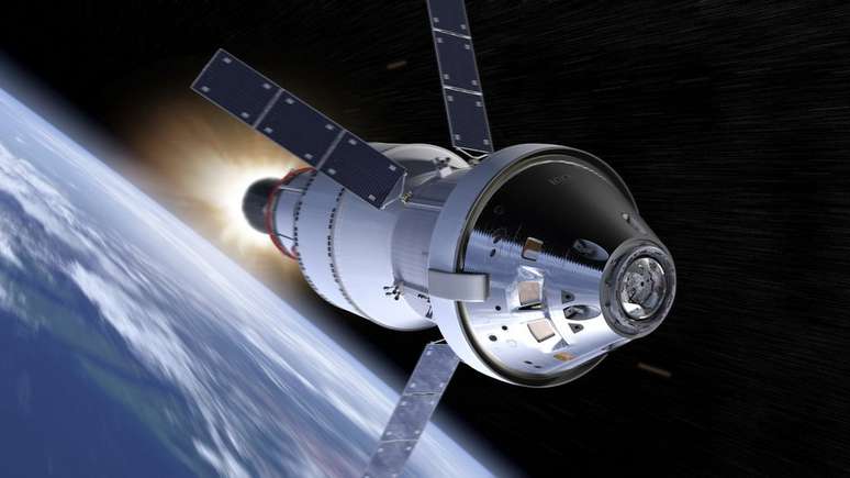 Ilustra&ccedil;&atilde;o do est&aacute;gio superior do foguete colocar&aacute; a c&aacute;psula Orion em um caminho para a Lua