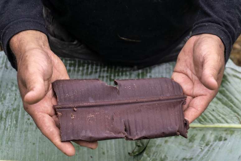 Chocolate produzido na oficina de cacau, ministrada pelo professor César de Mendes para os Ye'kwana e Yanomami, na comunidade Waikás. Além da construção de casa para fermentação, a oficina abordou temas como classificação das frutas, seleção, fermentação, plantio, poda, produção de mudas, secagem e produção de chocolate 