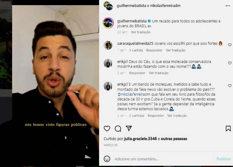 Guilherme Batista postou v&iacute;deo nas redes sociais pedindo para que os jovens tirassem o t&iacute;tulo de eleitor/Reprodu&ccedil;&atilde;o