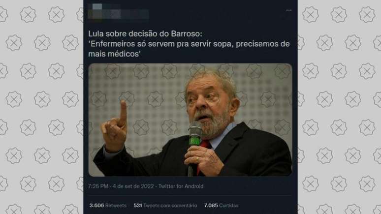 Tweet engana ao atribuir declaração sobre enfermeiros a Lula