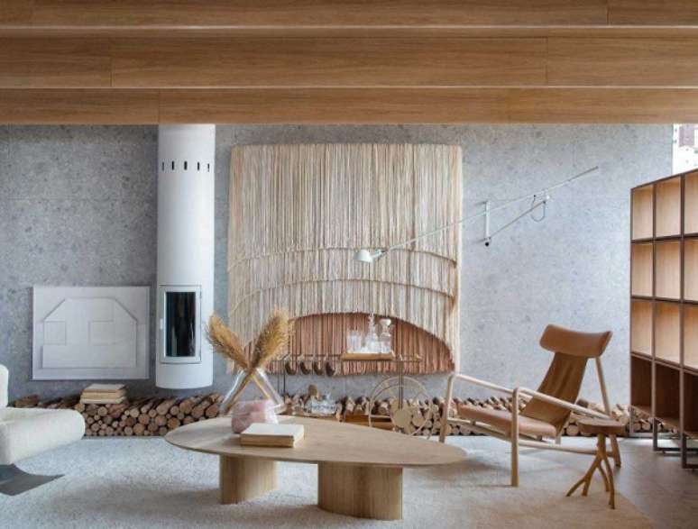 58. Sala com enfeites artesanais na cor areia &ndash; Foto Tres Arquitetura