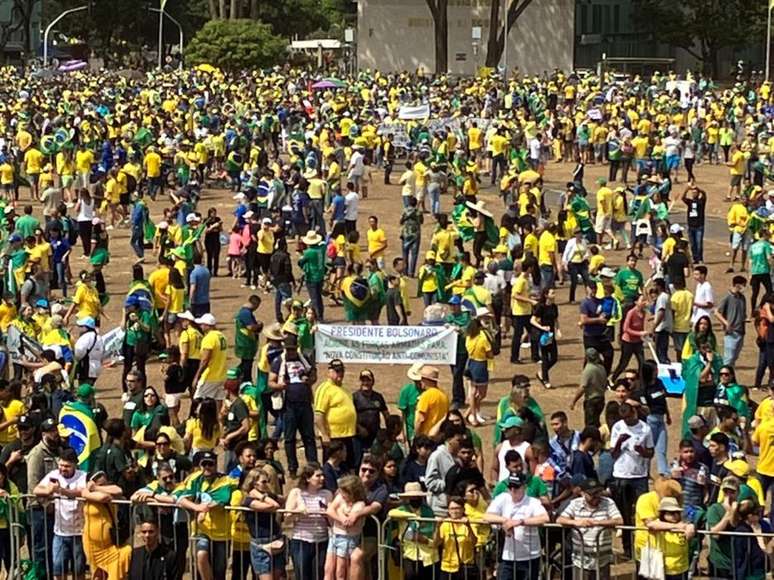 Manifestantes exibem faixas em Brasília pedindo nova Constituição por intervenção das Forças Armadas