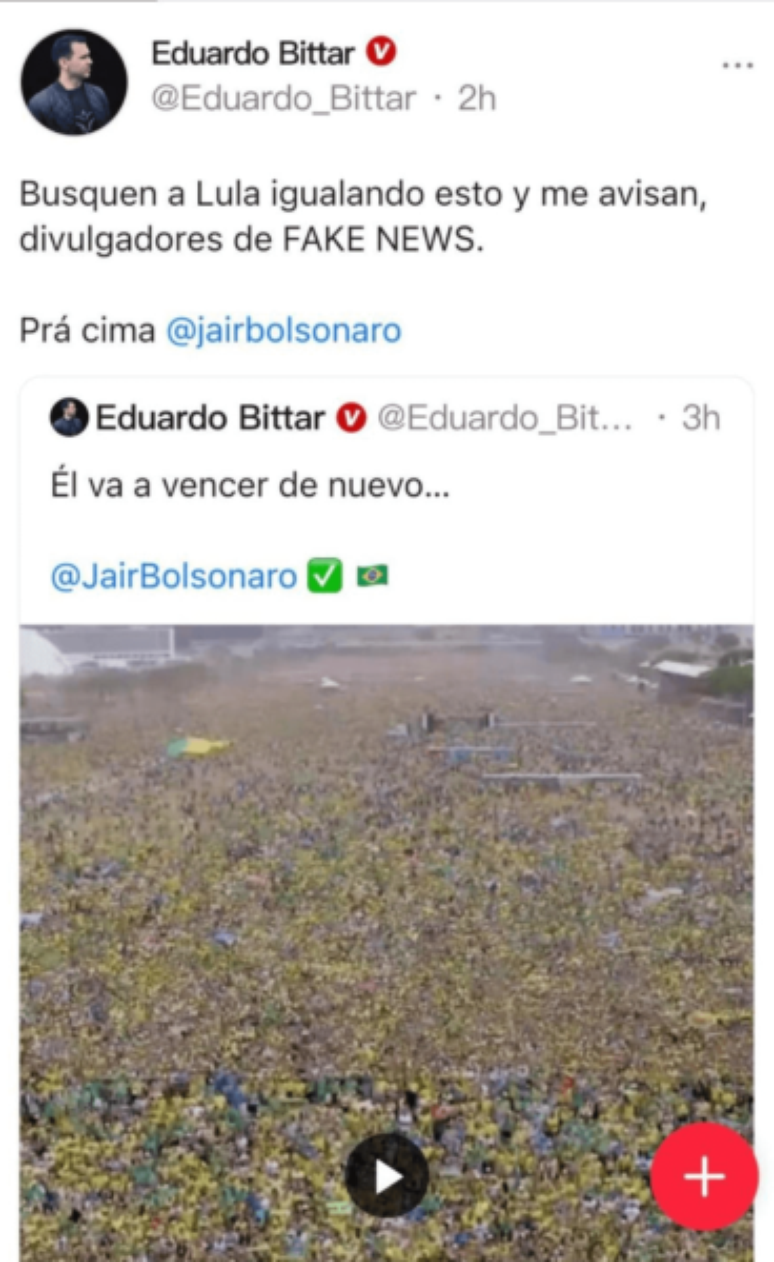 Publica&ccedil;&atilde;o de Bittar sobre alcance das manifesta&ccedil;&otilde;es bolsonaristas/Reprodu&ccedil;&atilde;o