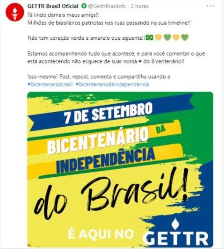 Publica&ccedil;&atilde;o da Gettr sobre o bicenten&aacute;rio/Reprodu&ccedil;&atilde;o