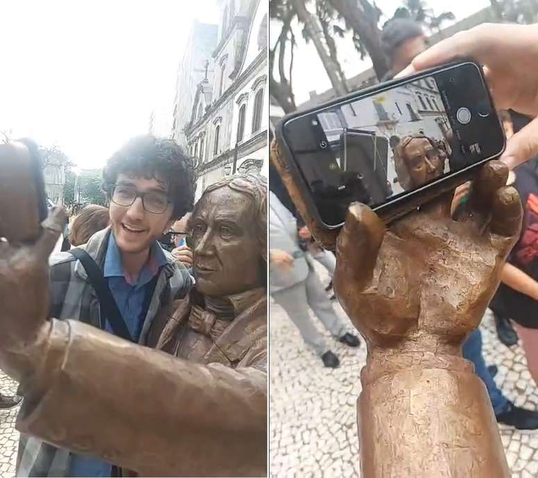 Estátua de José Bonifácio de Andrada e Silva ajuda a montar "selfies" em Santos
