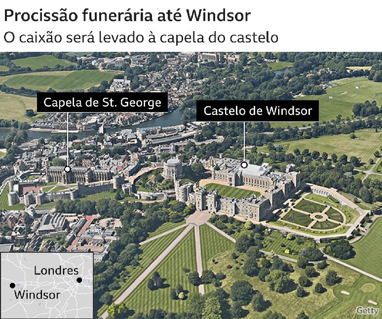 Foto a&eacute;rea com rota do castelo de Windsor at&eacute; a capela de St. George