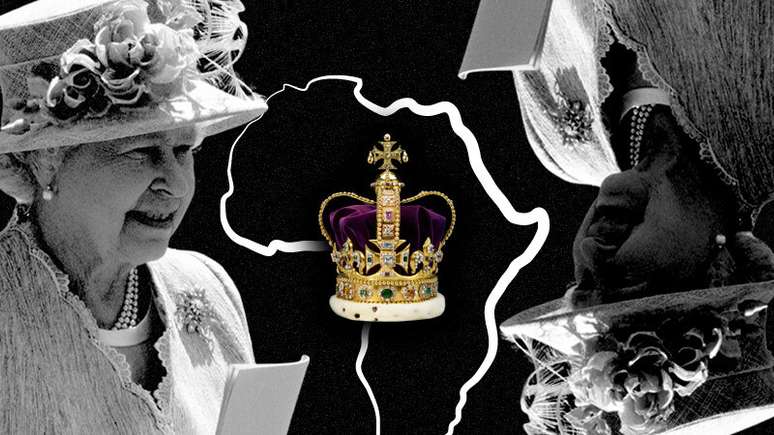 Colagem de imagens. &Agrave; direita e &agrave; esquerda, a rainha brit&acirc;nica Elizabeth II, no centro, o desenho do continente africano com uma coroa da realeza.