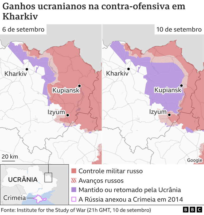 Mapa mostra avanços recentes da Ucrânia