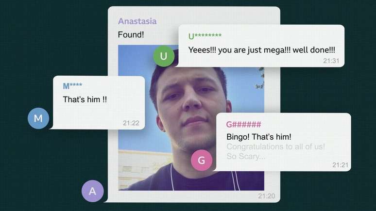 "É ele", diz mensagem em inglês no momento em que mulheres identificam agressor no grupo do Telegram