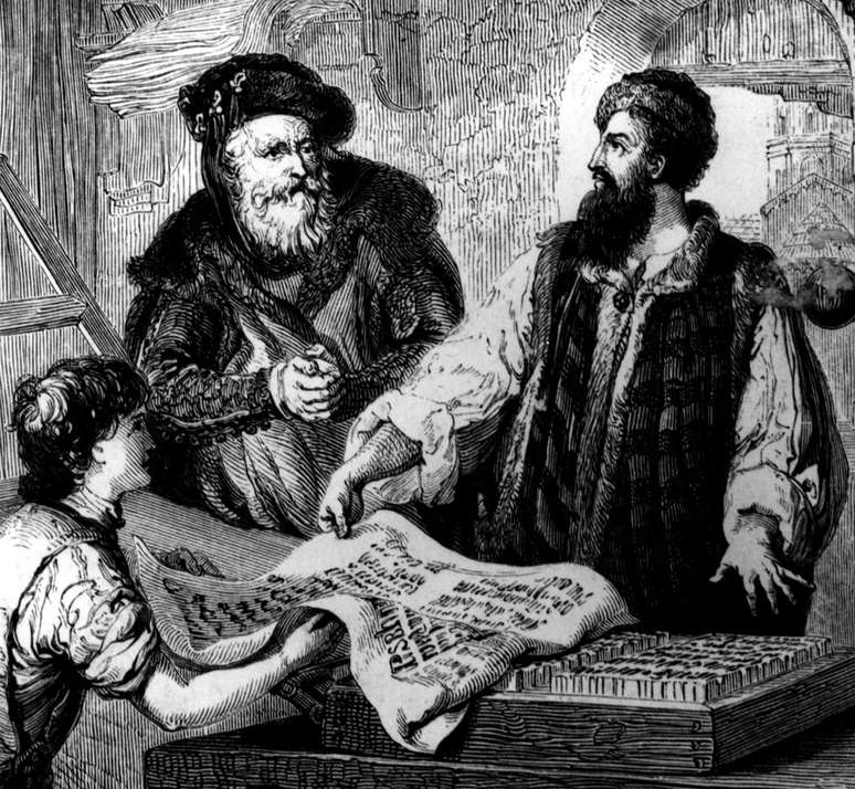 Johannes Gutenberg analisa com seu parceiro Johann Fust as primeiras provas da prensa, em torno de 1455