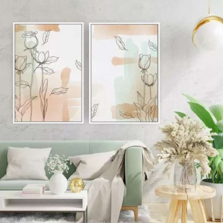 49. Sala verde com conjunto de quadro aquarela &ndash; Foto Decora Online