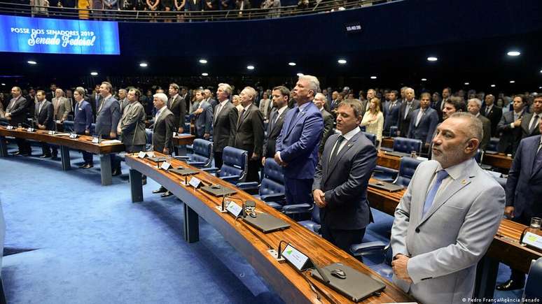 Sessão de posse do Senado eleito para a legislatura de 2019-2022. Casa, assim como a Câmara, é predominantemente masculina