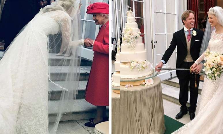 A rainha com a noiva, sua prima Lady Gabriella, no dia do casamento