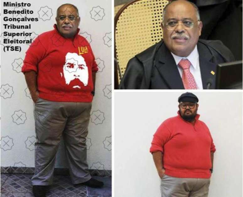 Montagem desinformativa, à esquerda, adiciona a efígie de Lula e o rosto de Benedito Gonçalves, no canto superior à direita, ao corpo de Bruno Barretto, no canto inferior direito.