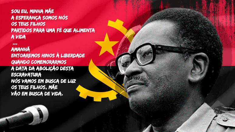 Imagem mostra Agostinho Neto ao lado de trecho de um de seus poemas. Ao fundo, a bandeira de Angola.