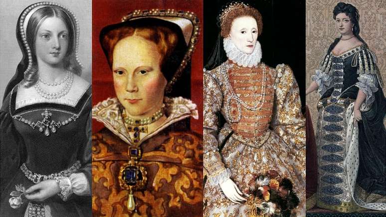 Da esquerda para a direita e com anos de reinado: Joana I, 10 a 19 de julho de 1553; Mary 1ª , 1553-1558; Elizabeth 1ª , 1558-1603; Mary 2ª, 1689-1694.