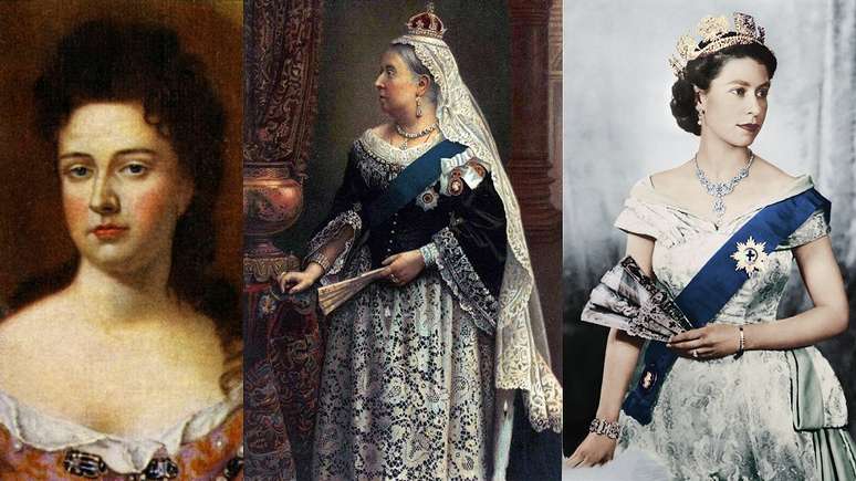 Da esquerda para a direita e com anos de reinado: Ana, 1702-1714; Victoria, 1837-1901; Elizabeth 2ª, 1952-2022