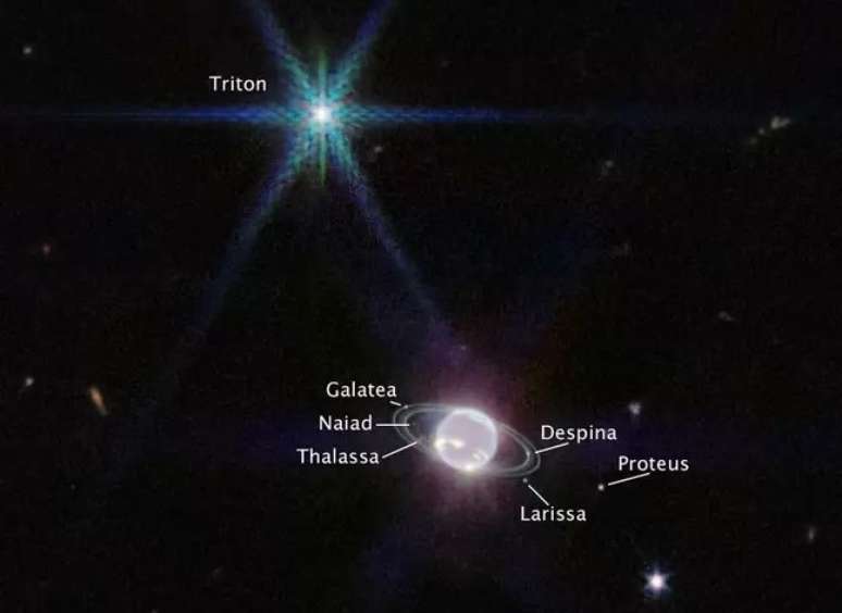 Imagem do James Webb mostra anéis de Netuno e sete de suas luas