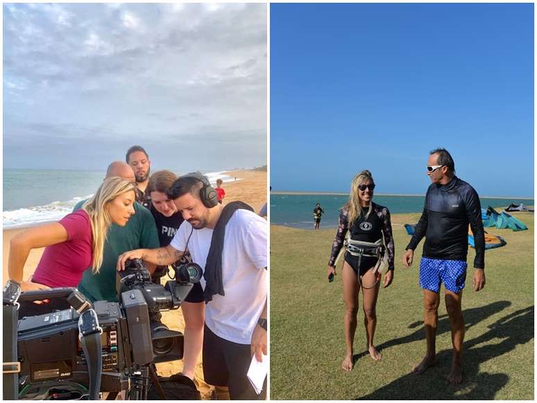 A apresentadora confere imagens gravadas com a equipe; e ao lado do velejador Christian Requena