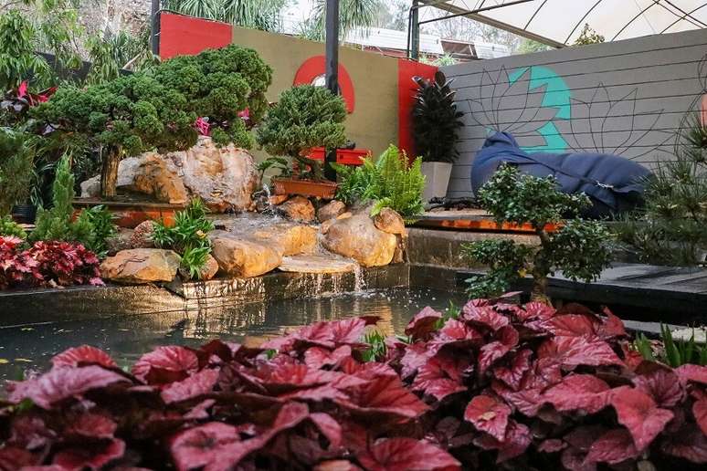 2. O jardim oriental &eacute; marcado pela presen&ccedil;a de espelho d&rsquo;&aacute;gua com cascata e carpas coloridas. Foto: Juliana Lazarini