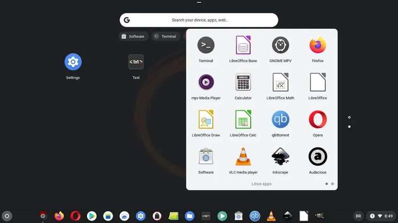 O visual é uma mistura de Chrome OS com Linux (Imagem: Reprodução/FydeOS)