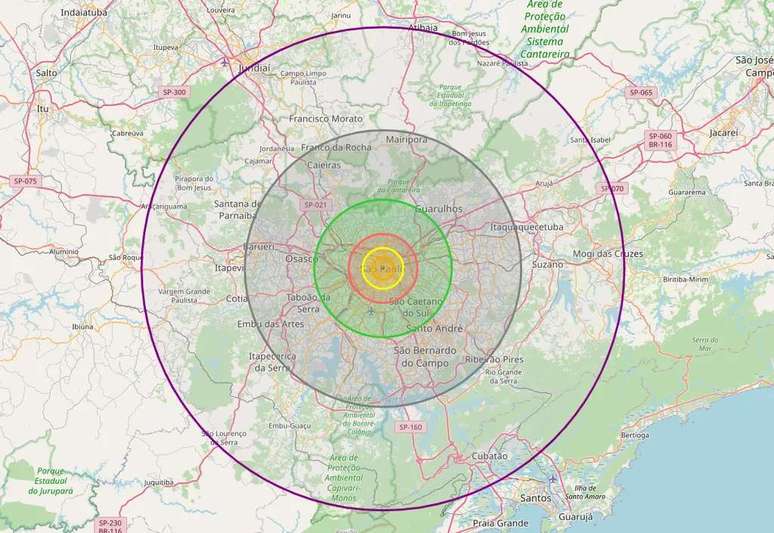 Área afetada pelo impacto em São Paulo (Imagem: Reprodução/Paul McBurney/OpenStreetMap)