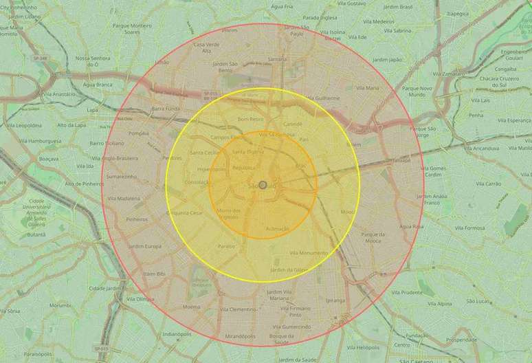 Mapa de destruição do asteroide Dimorphos em São Paulo (Imagem: Reprodução/Paul McBurney/OpenStreetMap)