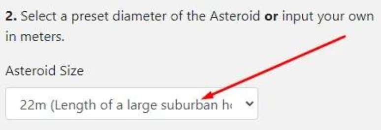 Escolha uma das opções pré-definidas para o diâmetro do asteroide (Imagem: Reprodução/Paul McBurney/OpenStreetMap)