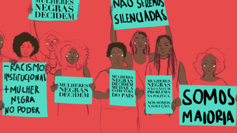 Ilustração mostra mulheres negras com cartazes.