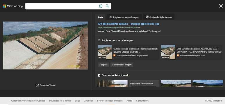 Busca reversa no site Bing mostra que foto é antiga