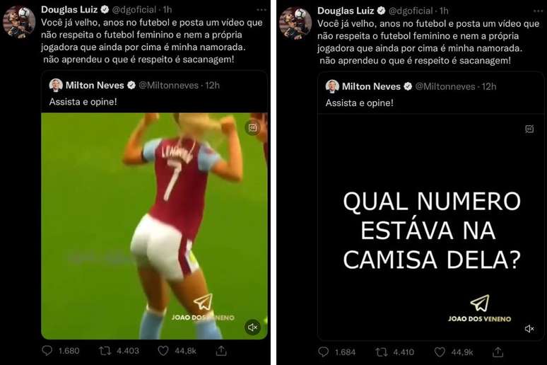 Tweets de Douglas Luiz rebatendo post de Milton Neves