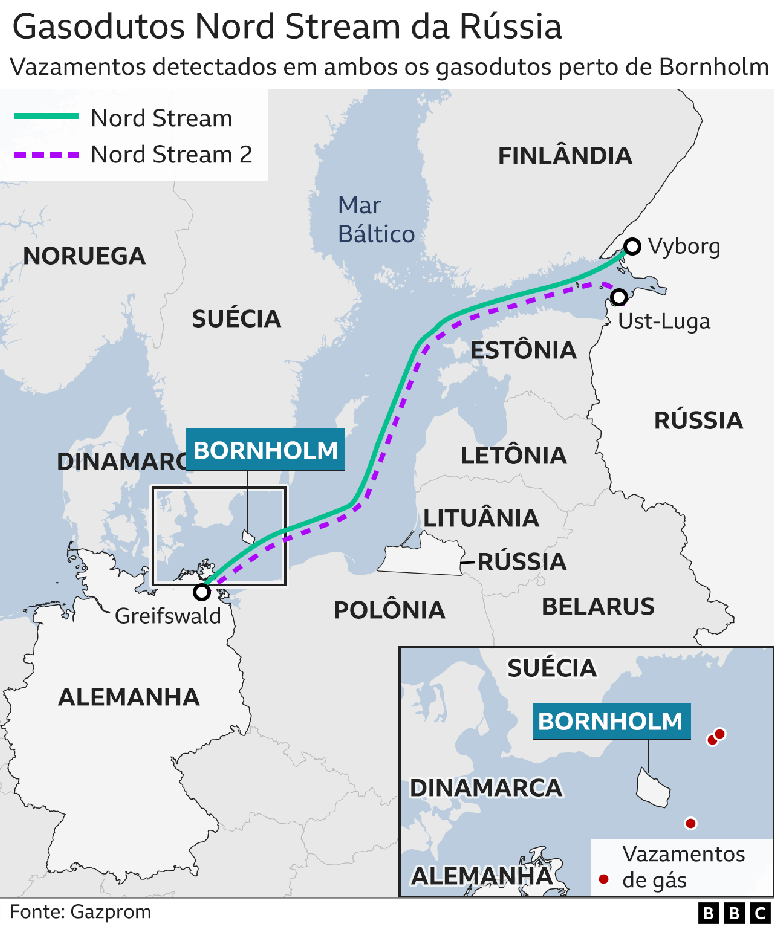 Mapa mostra tra&ccedil;ado dos gasodutos Nord Stream da R&uacute;ssia e local do vazamento
