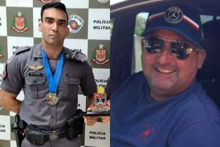 Soldado da PM (esq.) que se matou com tiro ap&oacute;s balear Airton Braz Pai&atilde;o (dir.)