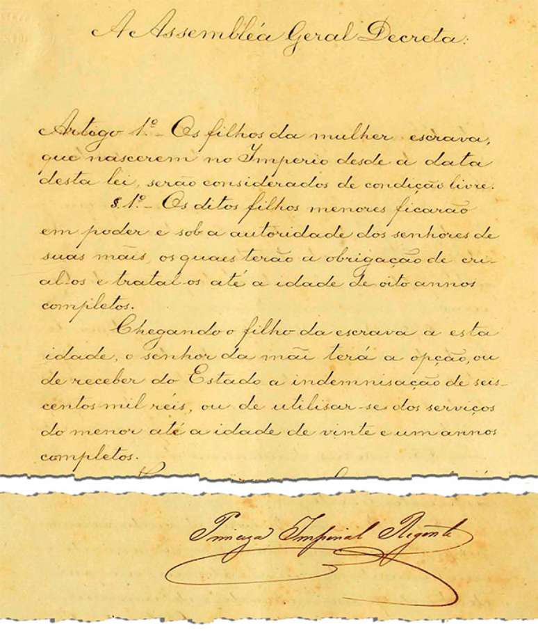 Texto da Lei do Ventre Livre, que passou a vigorar em 28 de setembro de 1871
