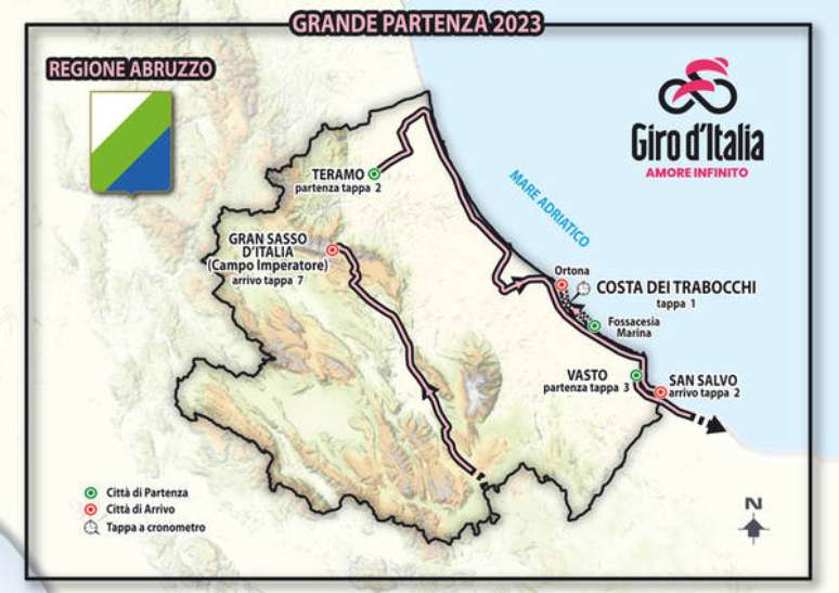 Mapa do percurso do Giro d'Italia na região de Abruzzo