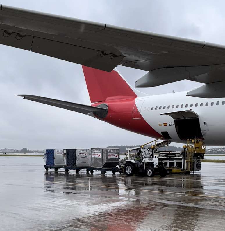 Cont&ecirc;ineres carregados de mala chegando na aeronave.