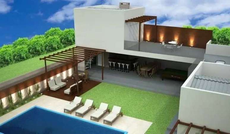 38. Projeto de ed&iacute;cula em L com piscina, pergolado e churrasqueira. Foto &ndash; Arkpad