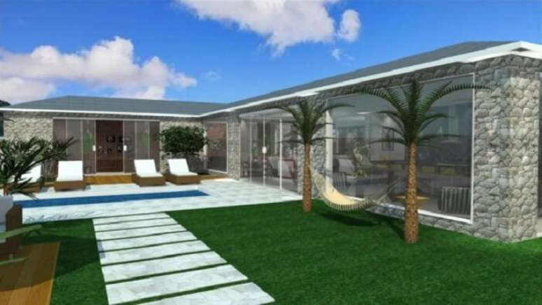 22. Ed&iacute;cula em L com parede de vidro que permite vis&atilde;o da piscina. Foto &ndash; Arkpad