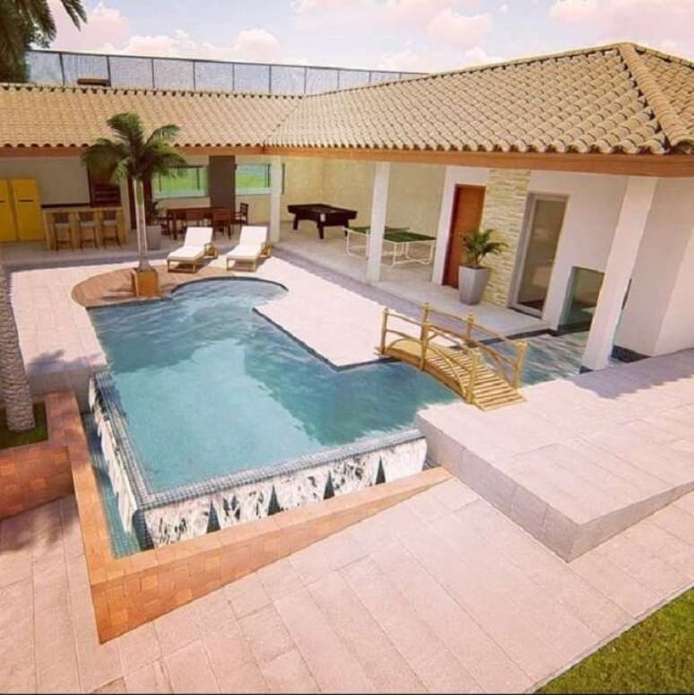 3. Ed&iacute;cula em L com piscina e mesa de sinuca. Fonte &ndash; Camylly Barata