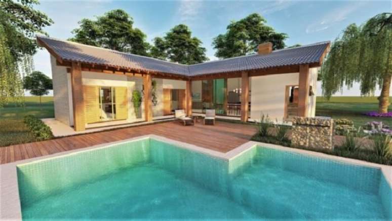 44. Se inspire nesse projeto de ed&iacute;culas simples em L com piscina. Foto &ndash; Doce Obra