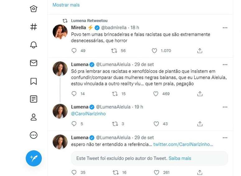 Lumena Aleluia reclama de tuíte de Carol Narizinho