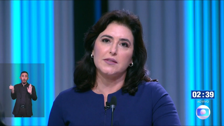 Candidata Simone Tebet (MDB) participa de debate entre presidenciáveis na TV Globo