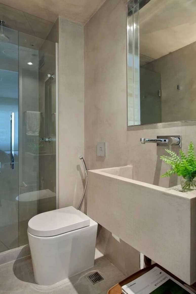 63. Banheiro elegante decorado com cimento queimado branco. Fonte – Studio RO CA