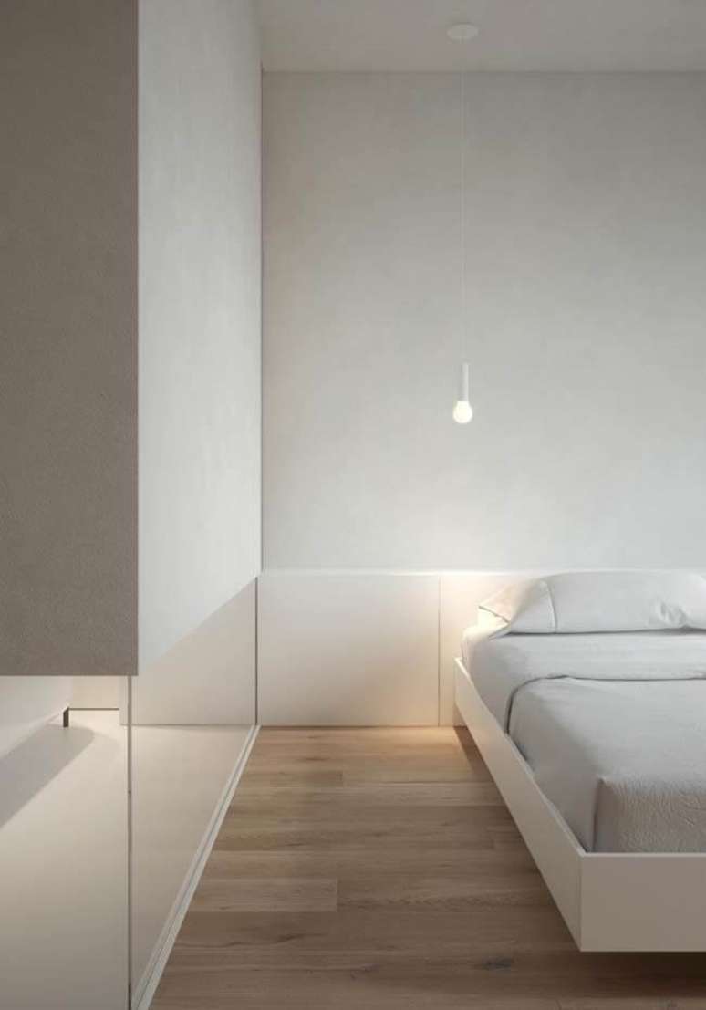 13. Quarto clean com cimento queimado branco parede. Fonte – Decor Fácil
