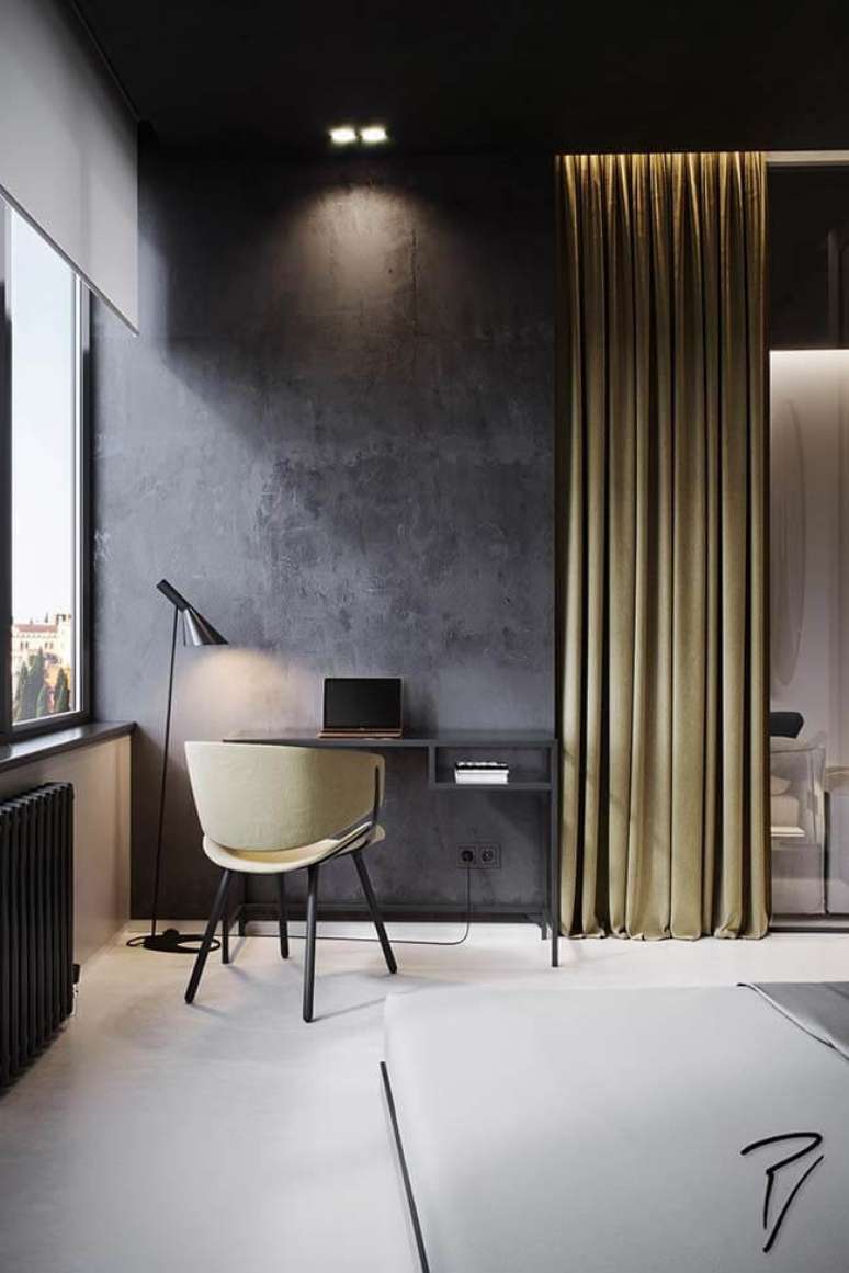 68. Aquela combinação que a gente ama parede preta e piso cimento queimado branco. Fonte – Decor Fácil