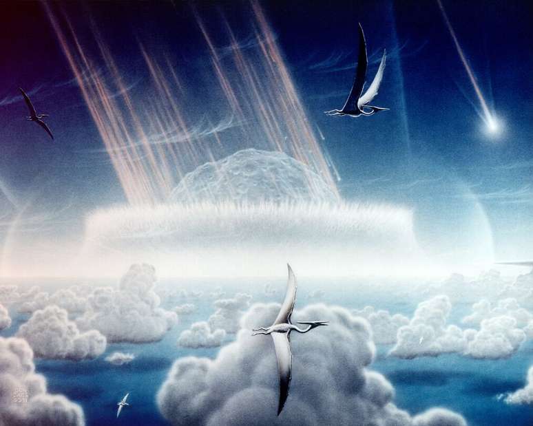 Impressão artística do asteroide batendo em mares tropicais e rasos ricos em enxofre da Península Iucatã, no que é hoje sudeste do México