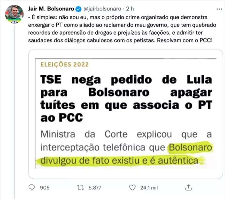 Print de tweet excluído de Bolsonaro associando PT ao PCC em 24 de agosto/Reprodução